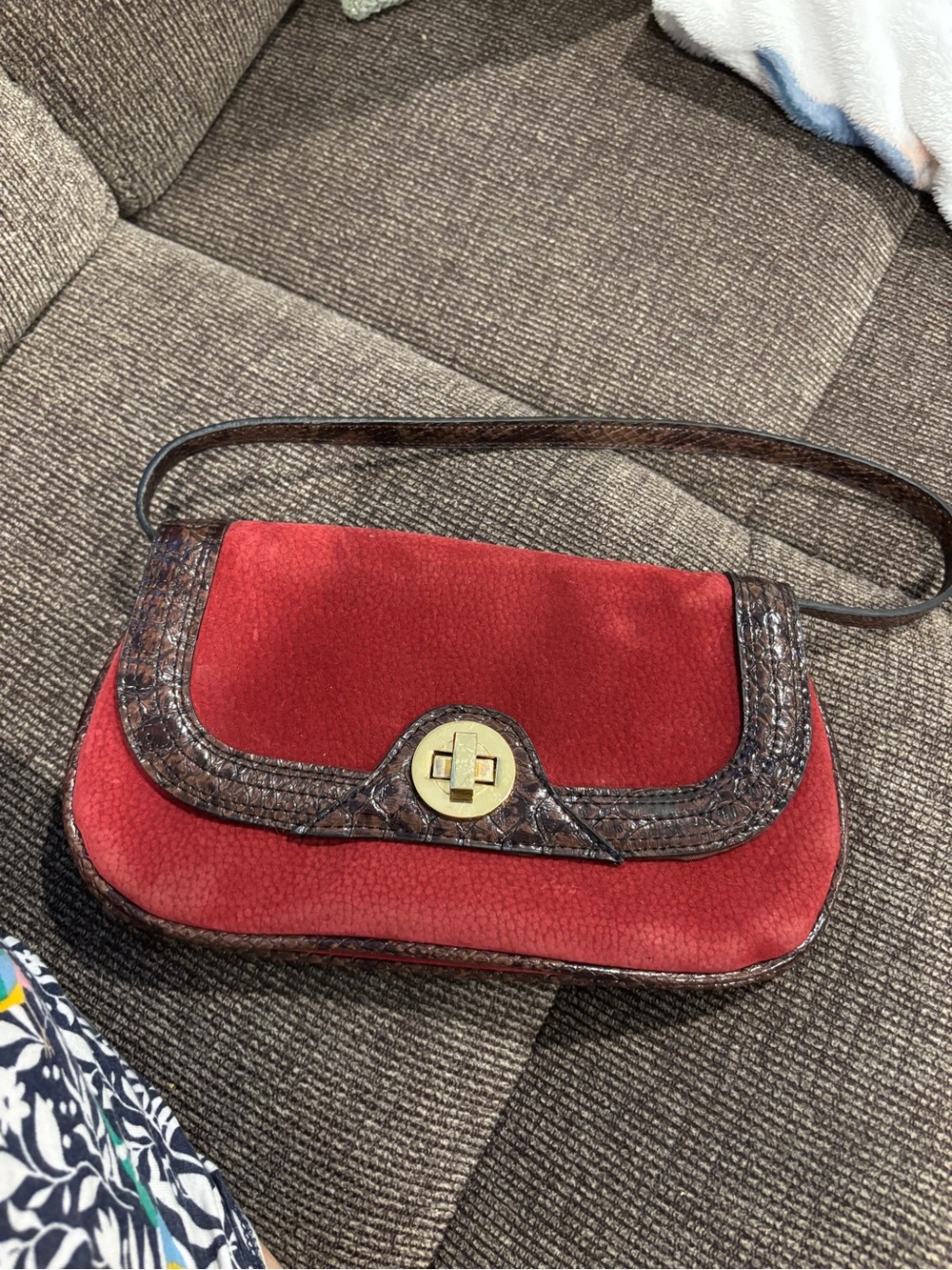 Vintage Red Suede Shoulder Bag with Brown Trim
